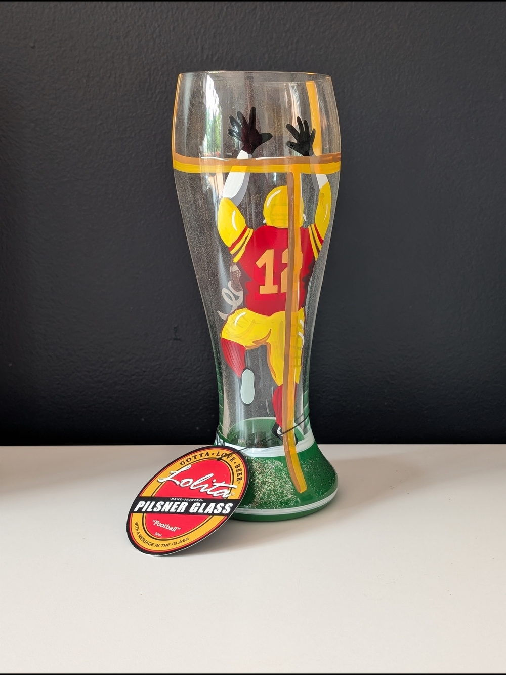 Lolita Pilsner Glass with Football Player Design - Yellow & Red
